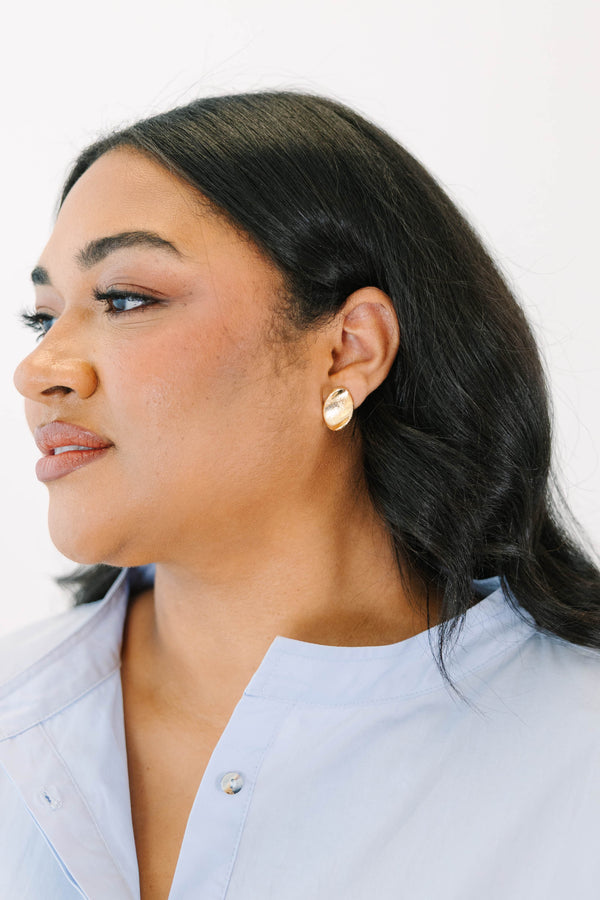 Plus Size gold chunky oval stud earrings with a sculptural design and brushed texture.