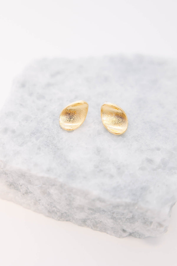 Plus Size gold chunky oval stud earrings with a sculptural design and brushed texture.
