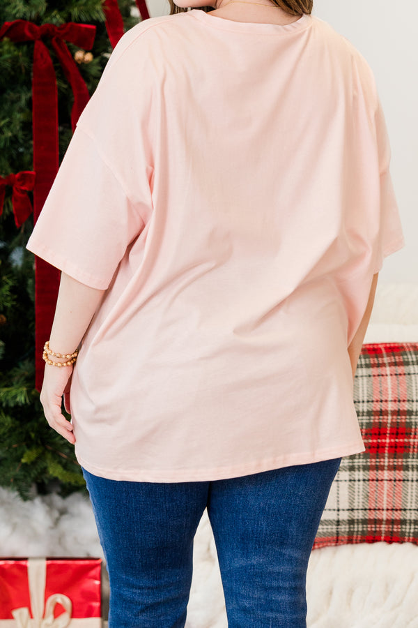 Chic Soul plus size clothing, cream pink short sleeve boyfriend tee with round neckline and smiley graphic with gingerbread pattern