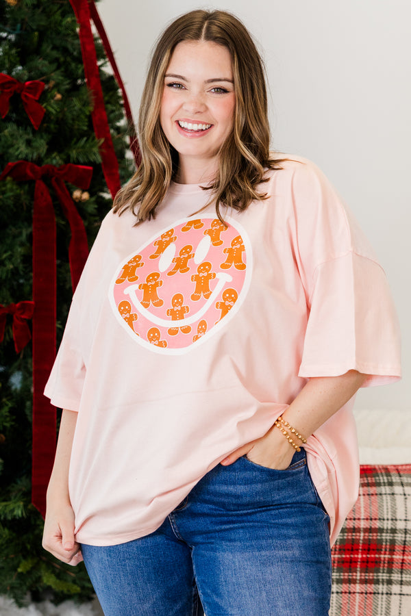 Chic Soul plus size clothing, cream pink short sleeve boyfriend tee with round neckline and smiley graphic with gingerbread pattern