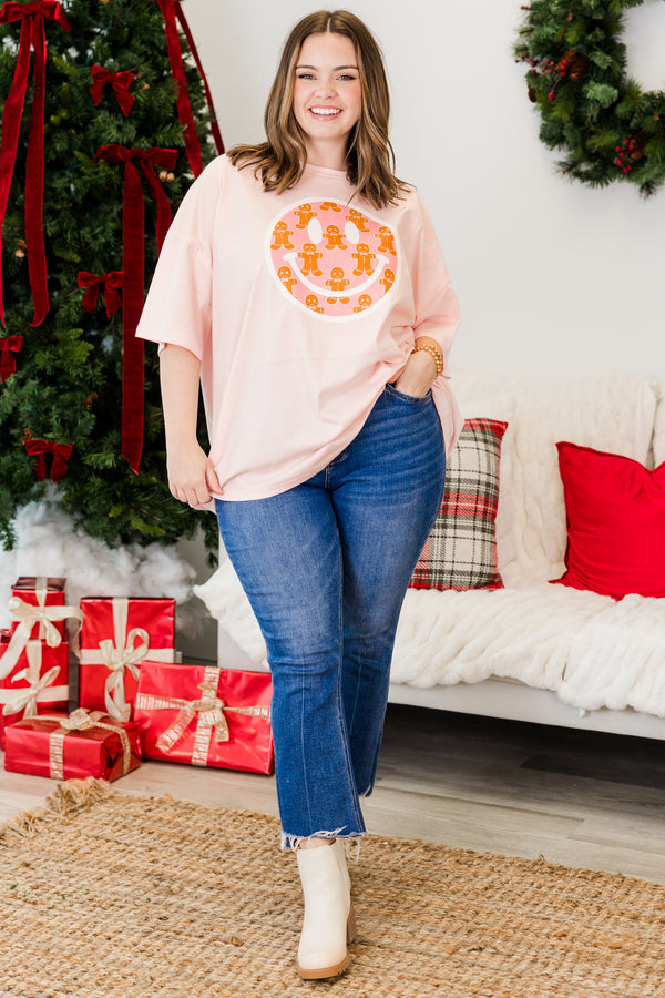 Chic Soul plus size clothing, cream pink short sleeve boyfriend tee with round neckline and smiley graphic with gingerbread pattern