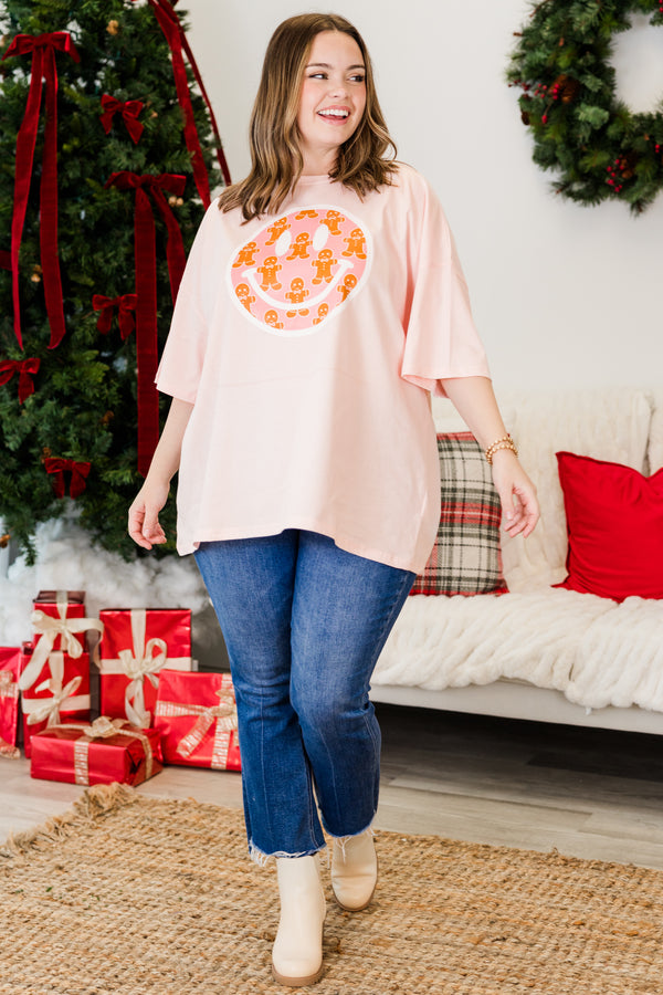 Chic Soul plus size clothing, cream pink short sleeve boyfriend tee with round neckline and smiley graphic with gingerbread pattern