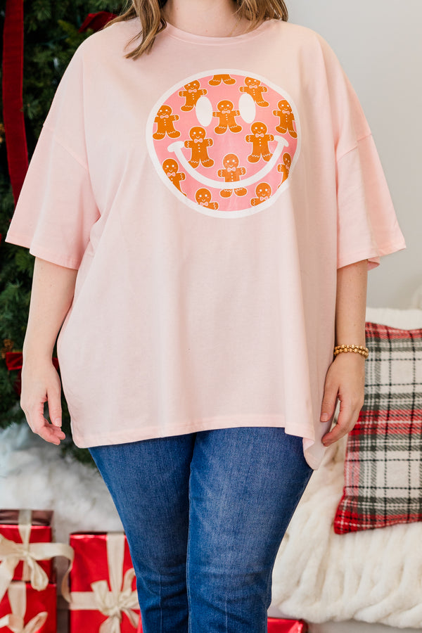 Chic Soul plus size clothing, cream pink short sleeve boyfriend tee with round neckline and smiley graphic with gingerbread pattern