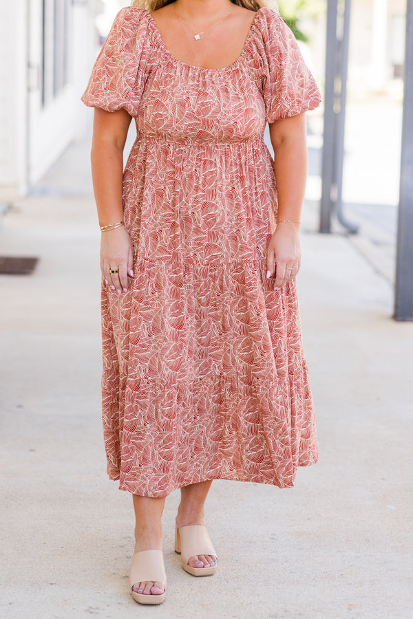 Chic Soul plus size clothing, short-sleeve orange baby doll midi dress with puffed sleeves and ruffles with white tropical floral pattern 