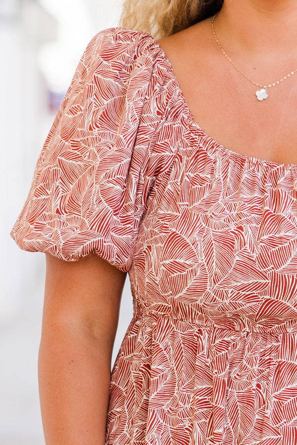 Chic Soul plus size clothing, short-sleeve orange baby doll midi dress with puffed sleeves and ruffles with white tropical floral pattern 