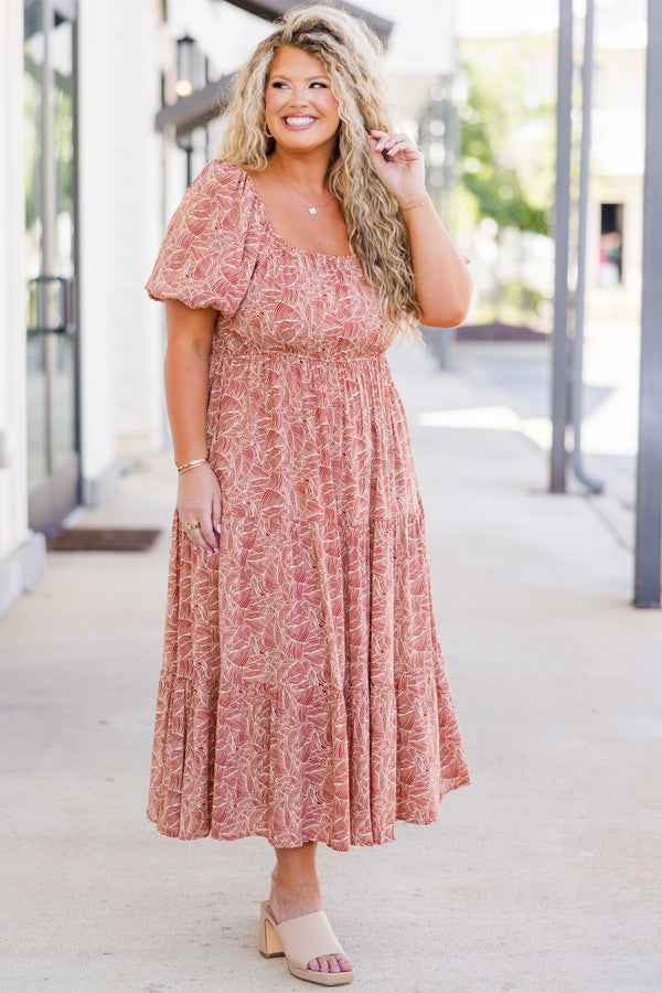 Chic Soul plus size clothing, short-sleeve orange baby doll midi dress with puffed sleeves and ruffles with white tropical floral pattern 