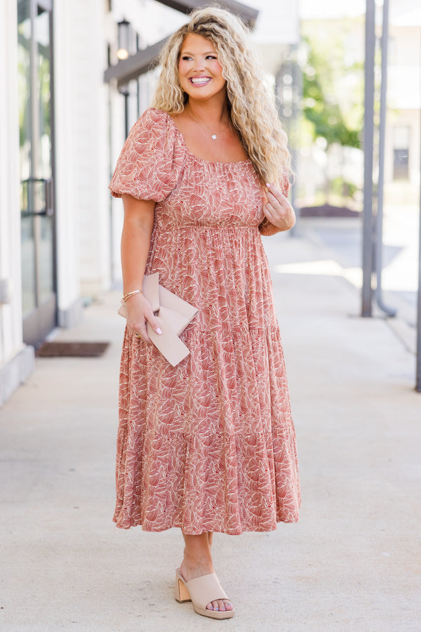 Chic Soul plus size clothing, short-sleeve orange baby doll midi dress with puffed sleeves and ruffles with white tropical floral pattern 