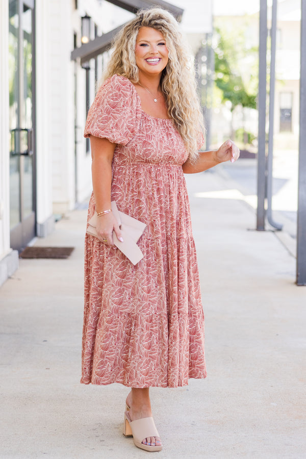 Chic Soul plus size clothing, short-sleeve orange baby doll midi dress with puffed sleeves and ruffles with white tropical floral pattern 
