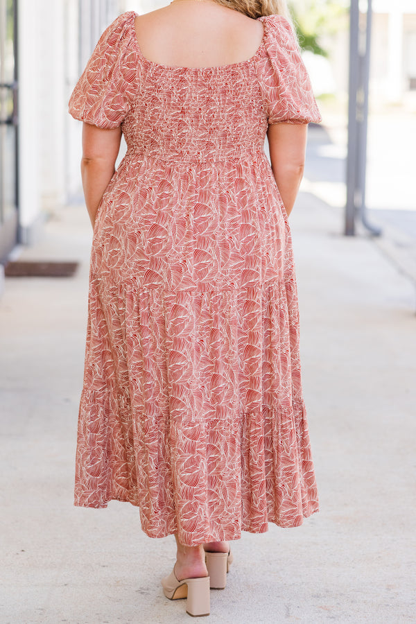 Chic Soul plus size clothing, short-sleeve orange baby doll midi dress with puffed sleeves and ruffles with white tropical floral pattern 