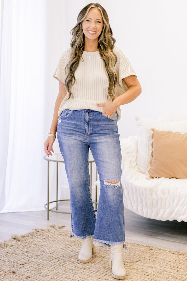 Chic Soul plus size clothing, medium wash straight leg blue jeans with distressed knee and hem
