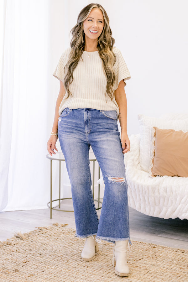 Chic Soul plus size clothing, medium wash straight leg blue jeans with distressed knee and hem
