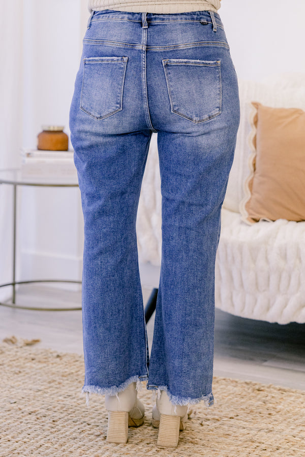 Chic Soul plus size clothing, medium wash straight leg blue jeans with distressed knee and hem
