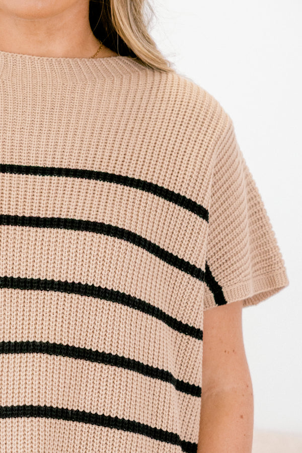 Chic Soul plus size clothing, khaki short sleeve sweater with black horizontal stripes 