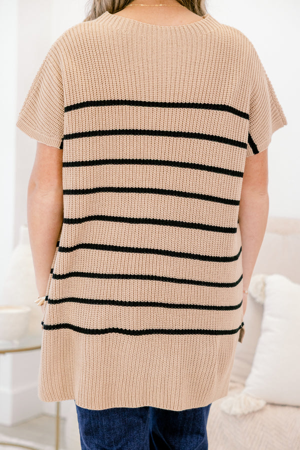 Chic Soul plus size clothing, khaki short sleeve sweater with black horizontal stripes 