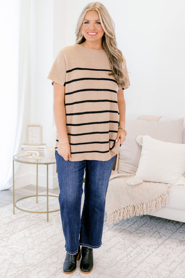 Chic Soul plus size clothing, khaki short sleeve sweater with black horizontal stripes 