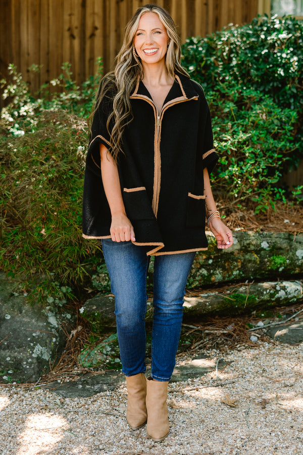 Chic Soul plus size clothing, black short sleeve sip-up sweater with brown stitching details going down the chest sleeves and the two front pockets 