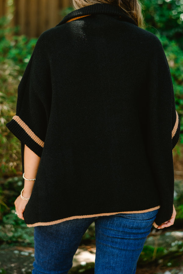 Chic Soul plus size clothing, black short sleeve sip-up sweater with brown stitching details going down the chest sleeves and the two front pockets 