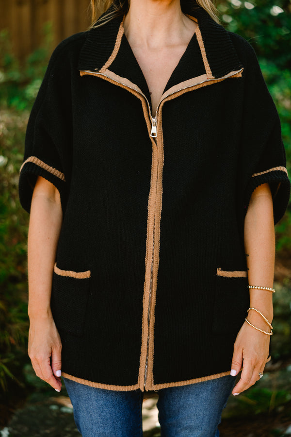 Chic Soul plus size clothing, black short sleeve sip-up sweater with brown stitching details going down the chest sleeves and the two front pockets 