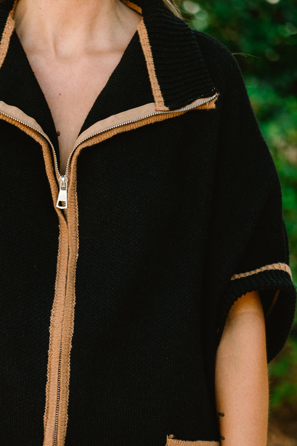 Chic Soul plus size clothing, black short sleeve sip-up sweater with brown stitching details going down the chest sleeves and the two front pockets 