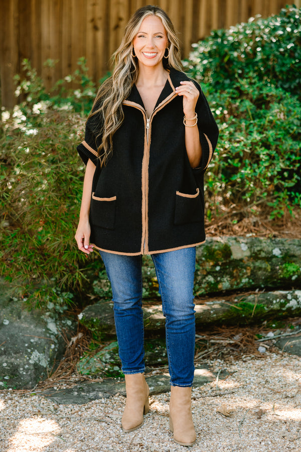 Chic Soul plus size clothing, black short sleeve sip-up sweater with brown stitching details going down the chest sleeves and the two front pockets 