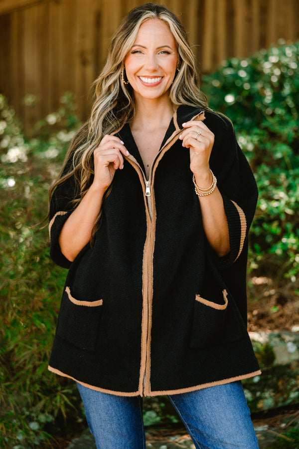 Chic Soul plus size clothing, black short sleeve sip-up sweater with brown stitching details going down the chest sleeves and the two front pockets 