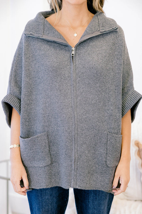 Chic Soul plus size clothing, grey short sleeve zip up sweater with two front pockets and dramatic collar
