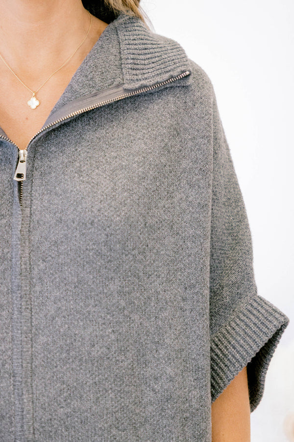 Chic Soul plus size clothing, grey short sleeve zip up sweater with two front pockets and dramatic collar