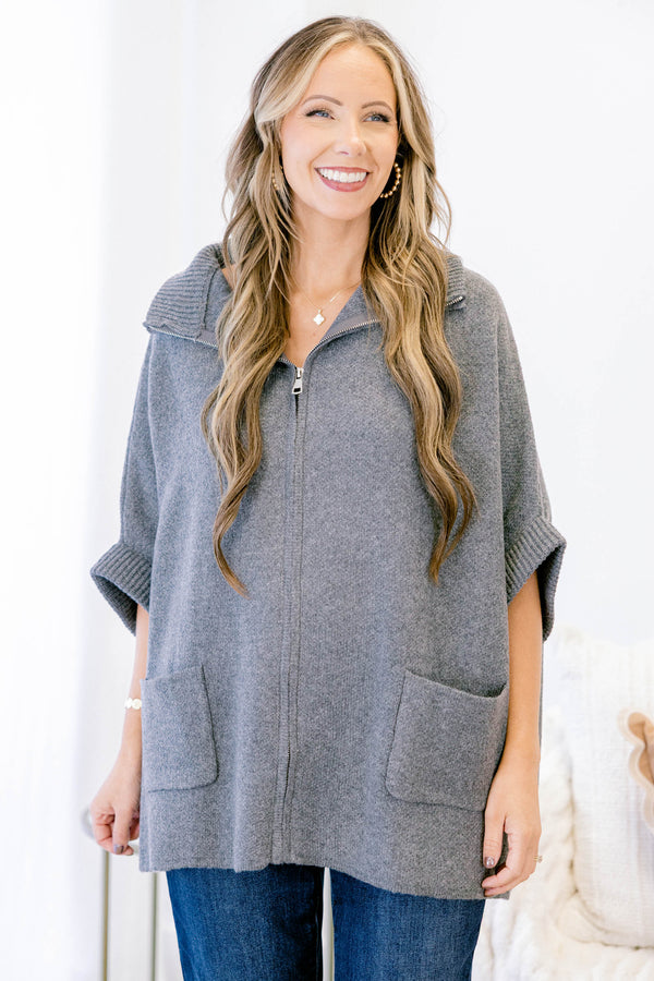 Chic Soul plus size clothing, grey short sleeve zip up sweater with two front pockets and dramatic collar