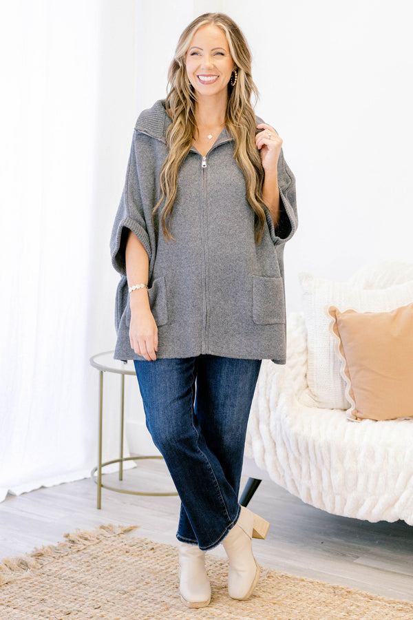 Chic Soul plus size clothing, grey short sleeve zip up sweater with two front pockets and dramatic collar