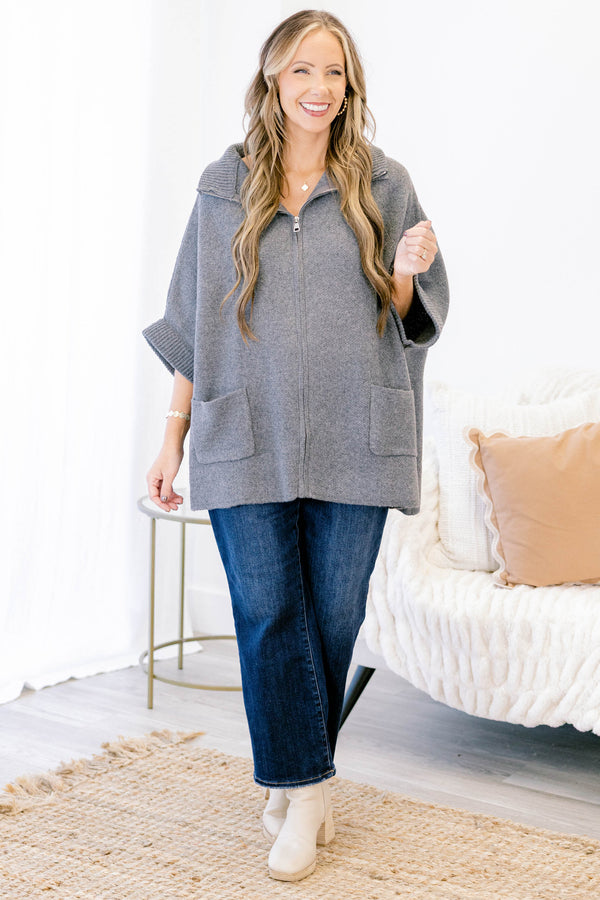 Chic Soul plus size clothing, grey short sleeve zip up sweater with two front pockets and dramatic collar