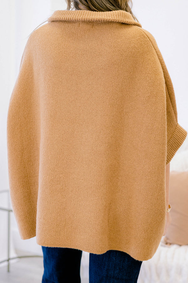 Chic Soul plus size clothing, light brown oversized sip up 3/4 sleeve oversized sweater with a collar and 2 front lower pockets