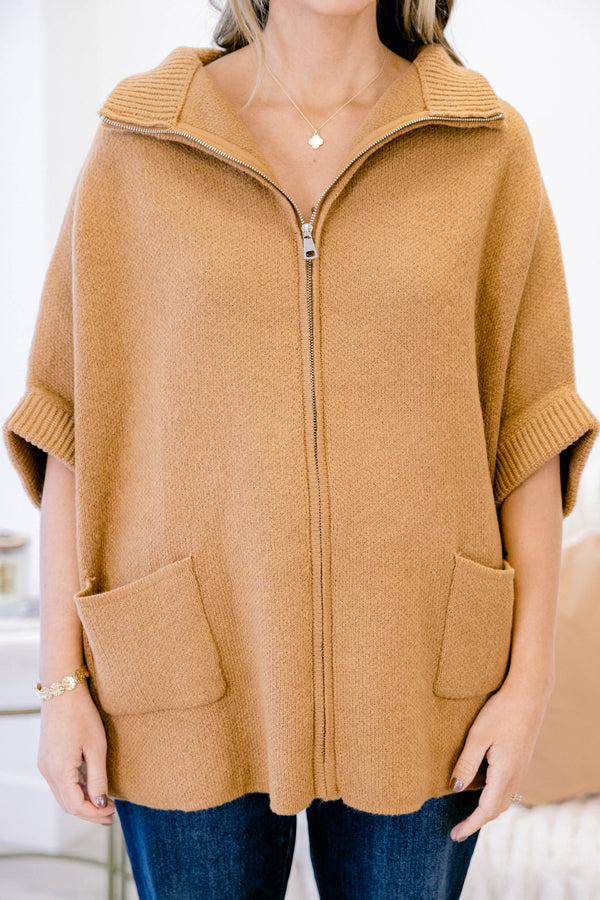 Chic Soul plus size clothing, light brown oversized sip up 3/4 sleeve oversized sweater with a collar and 2 front lower pockets