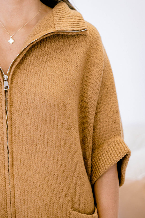 Chic Soul plus size clothing, light brown oversized sip up 3/4 sleeve oversized sweater with a collar and 2 front lower pockets