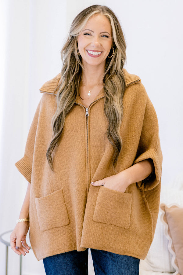 Chic Soul plus size clothing, light brown oversized sip up 3/4 sleeve oversized sweater with a collar and 2 front lower pockets