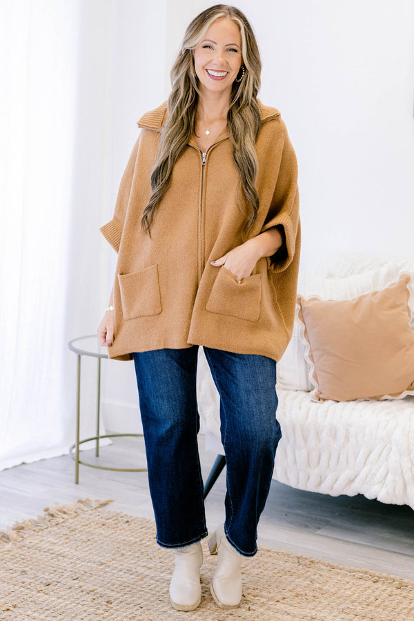Chic Soul plus size clothing, light brown oversized sip up 3/4 sleeve oversized sweater with a collar and 2 front lower pockets