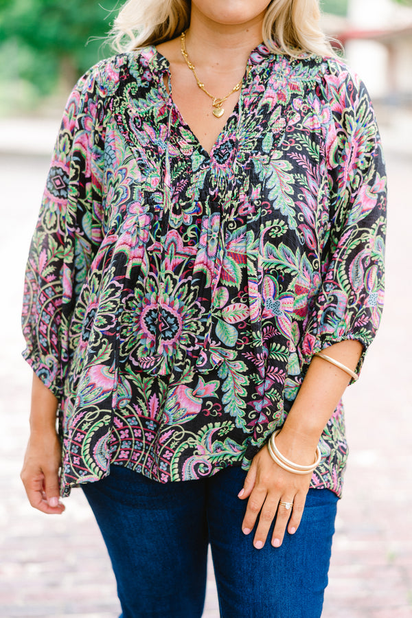 Chic Soul plus size clothing, Black top with half sleeves and a multi-color floral pattern throughout 