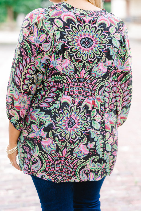 Chic Soul plus size clothing, Black top with half sleeves and a multi-color floral pattern throughout 