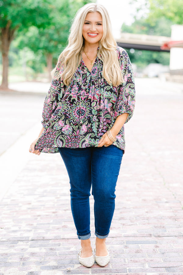 Chic Soul plus size clothing, Black top with half sleeves and a multi-color floral pattern throughout 