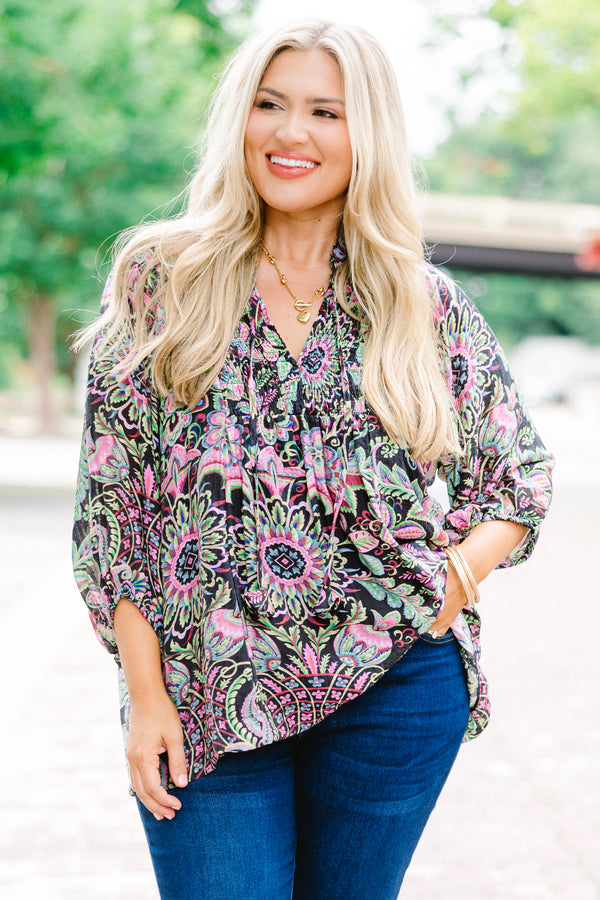 Chic Soul plus size clothing, Black top with half sleeves and a multi-color floral pattern throughout 