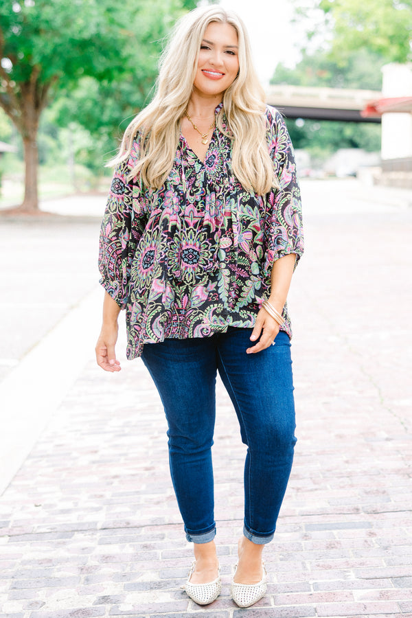 Chic Soul plus size clothing, Black top with half sleeves and a multi-color floral pattern throughout 