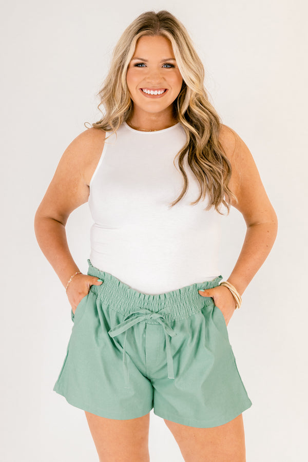 Chic Soul plus size clothing, Mint draw string shorts with a stretchy waist band and a tie on the center of the waistband as well as pockets 