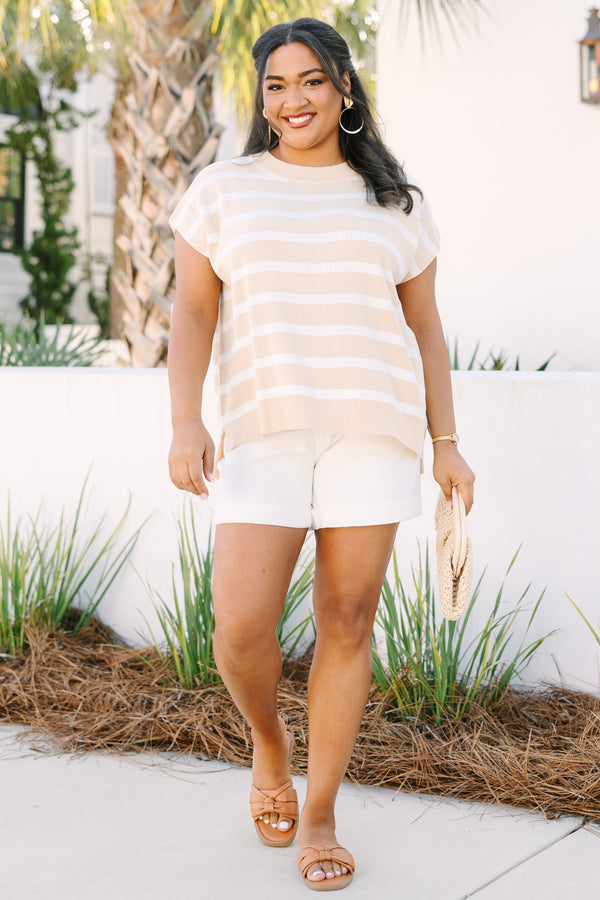 Chic Soul plus size clothing, light tan and white horizontal stripe short sleeve sweater
