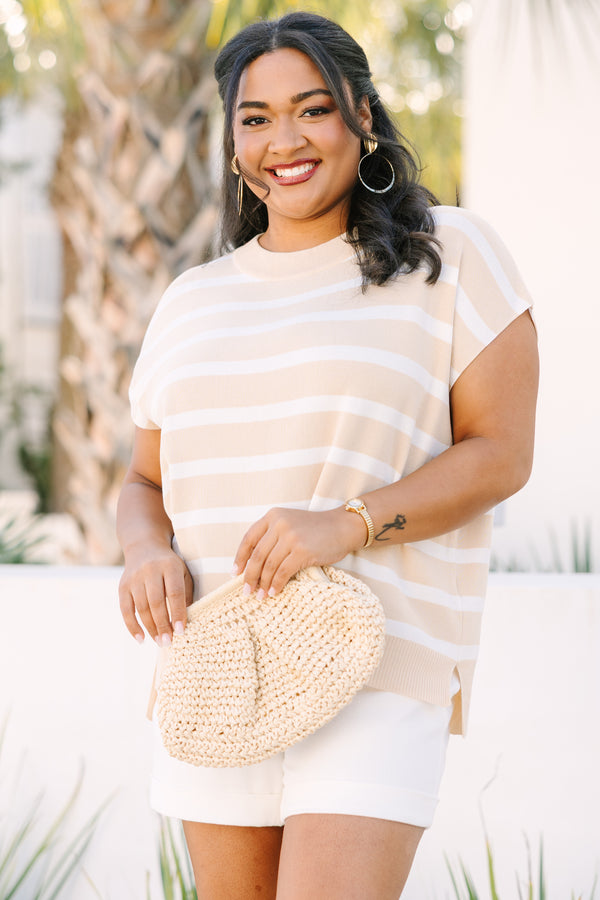 Chic Soul plus size clothing, light tan and white horizontal stripe short sleeve sweater