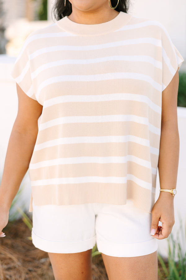 Chic Soul plus size clothing, light tan and white horizontal stripe short sleeve sweater