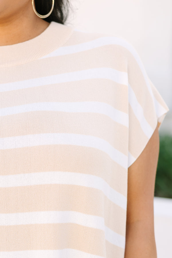 Chic Soul plus size clothing, light tan and white horizontal stripe short sleeve sweater