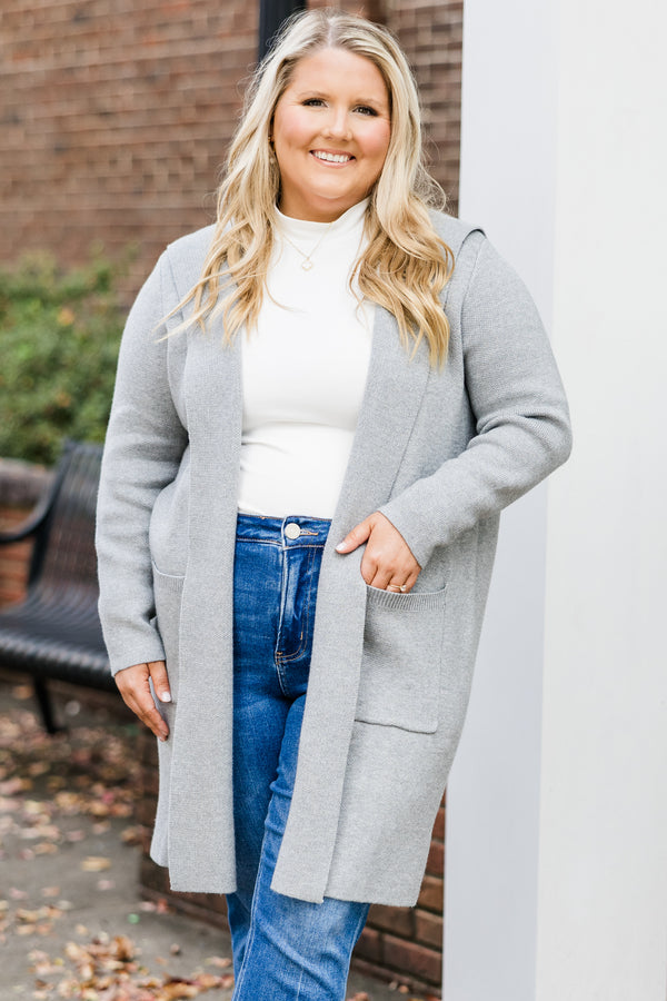 Chic Soul plus size clothing, long-sleeve gray mid-thigh-length cardigan with pockets and hoodie