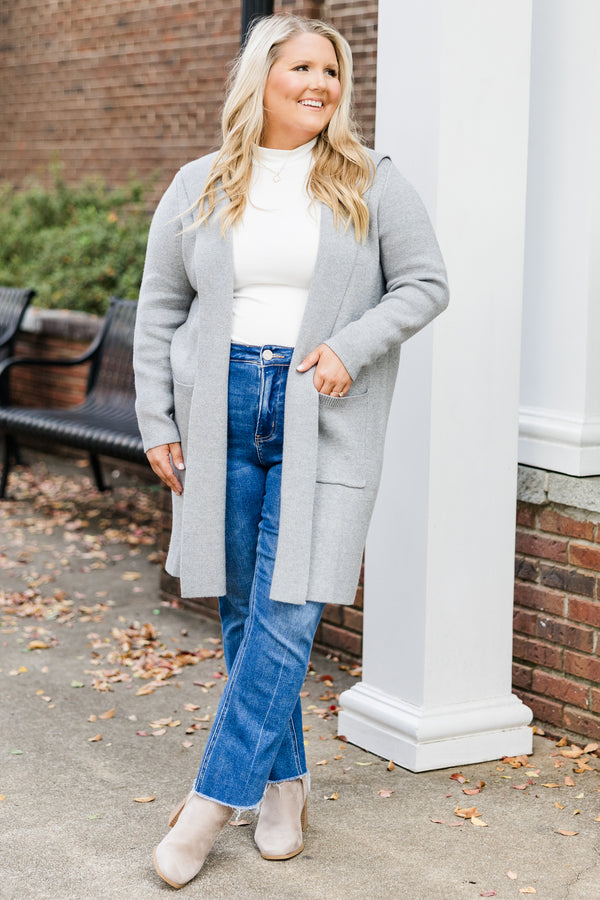 Chic Soul plus size clothing, long-sleeve gray mid-thigh-length cardigan with pockets and hoodie