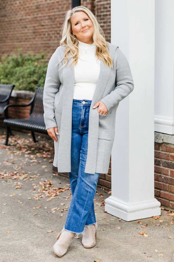 Chic Soul plus size clothing, long-sleeve gray mid-thigh-length cardigan with pockets and hoodie