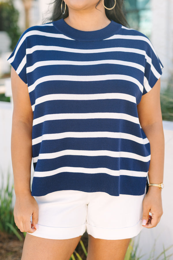Chic Soul plus size clothing, short cap sleeve navy and white horizontal stripe sweater