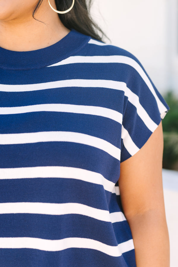 Chic Soul plus size clothing, short cap sleeve navy and white horizontal stripe sweater